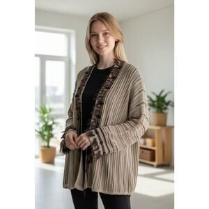 Nic+Zoe Women's Open Cardigan Sweater Taupe Fringe Open Knit Sz XL Linen/Cotton